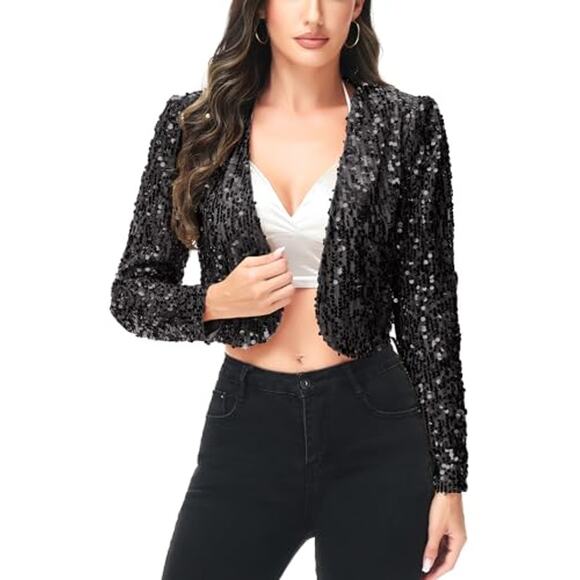 Aidan Mattox Sequin Cropped Jacket Medium Black NYE Glam Luxury Sparkle Holiday - Picture 1 of 5